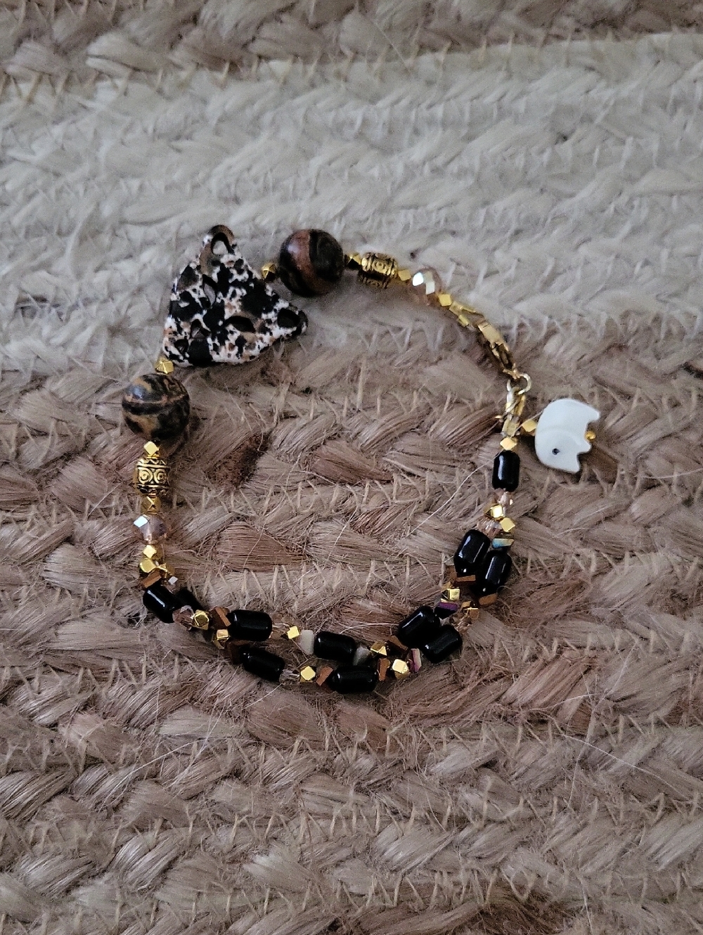 Handmade Leopardskin Jasper with Black, Crystal, and Gold Beaded Bracelet